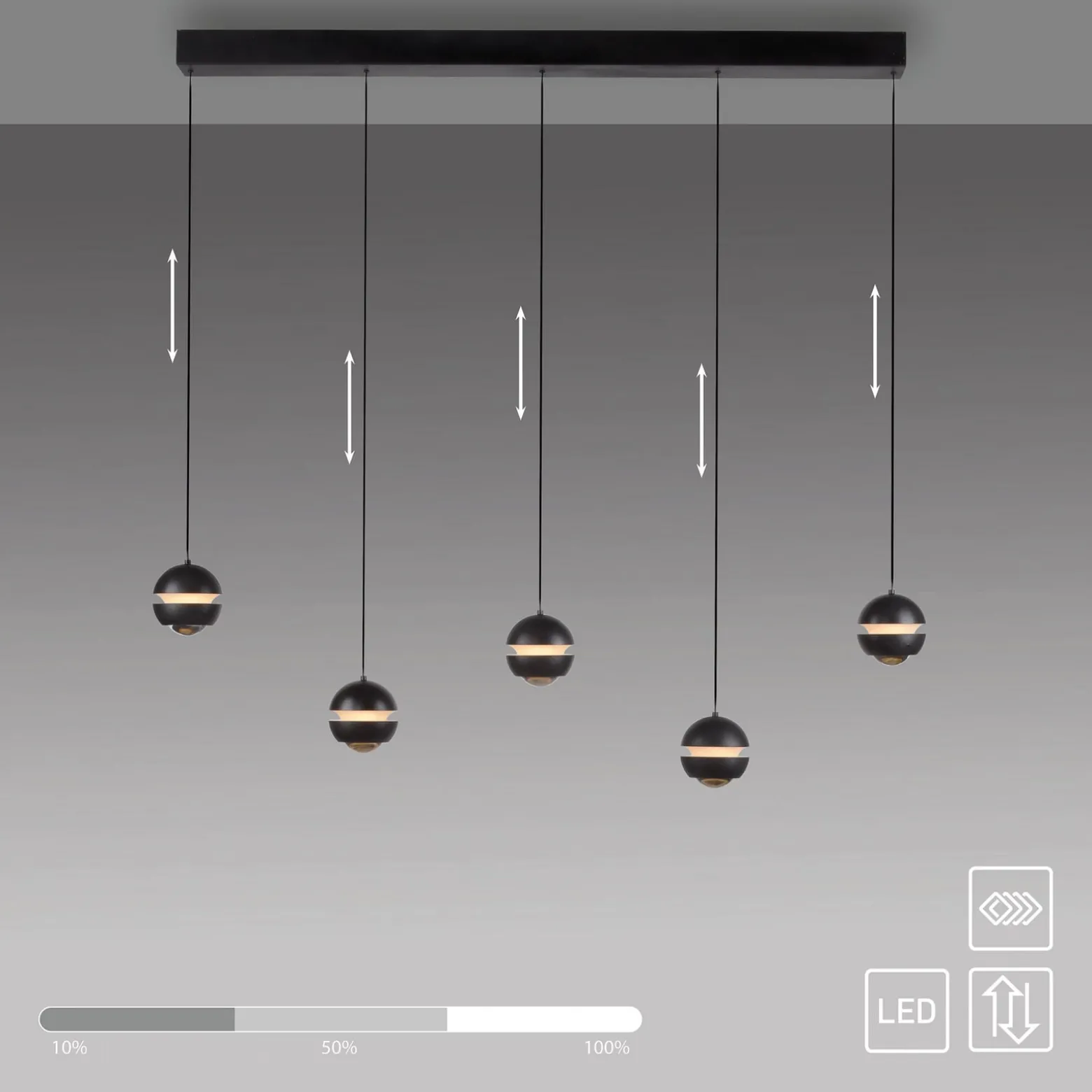 SCHÖNER WOHNEN LED-Hängelampe Lini schwarz 5-fl. lang 3.000K