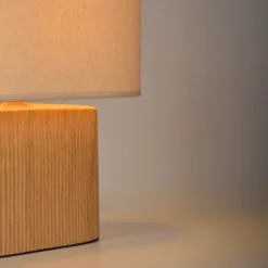 Tischlampe Santorini, holz hell/beige, 38 cm, Leinen/Keramik