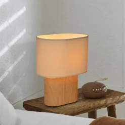 Tischlampe Santorini, holz hell/beige, 38 cm, Leinen/Keramik