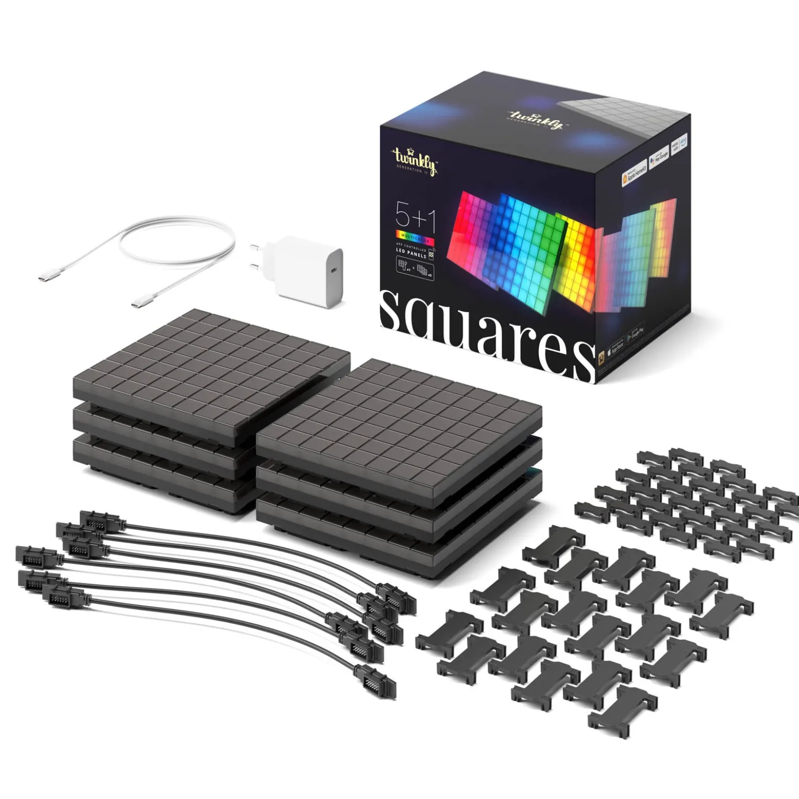 Twinkly RGB-Squares schwarz, IP20, 1+5 Starter Set